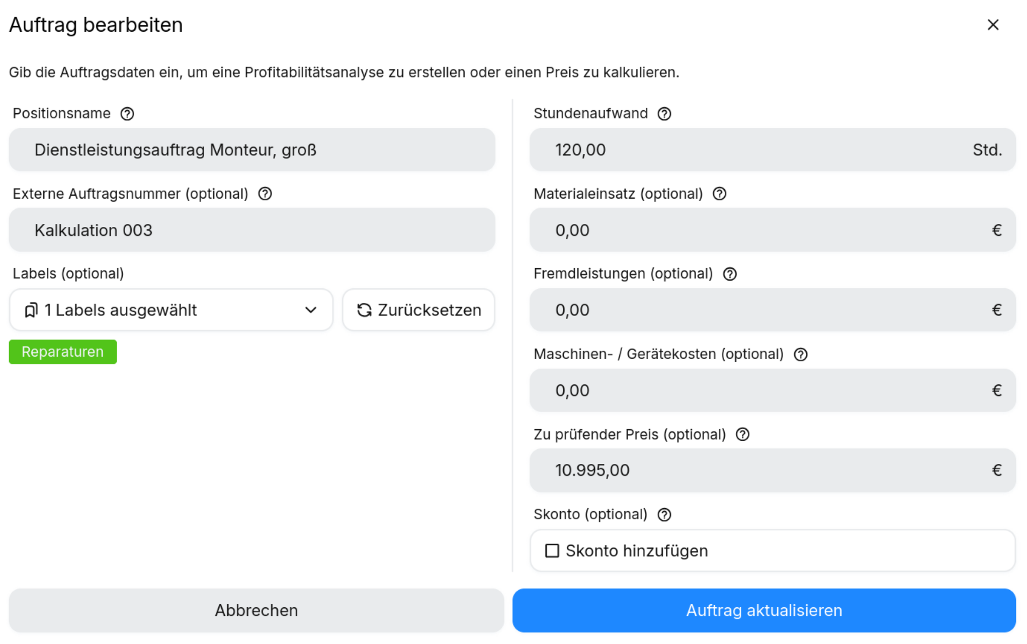 Auftrag mit Material-, Fremdleistungs- und Stundenwerten bearbeiten