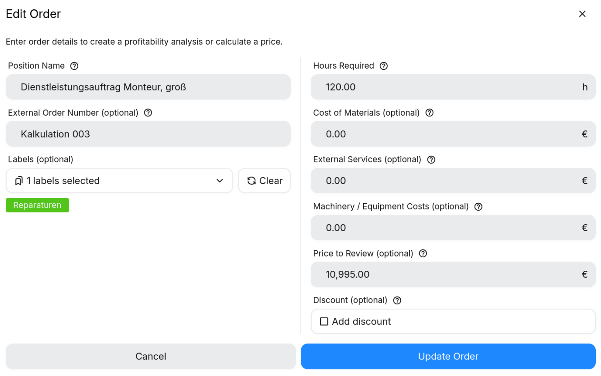 Editing an order with material, subcontractor and hour figures